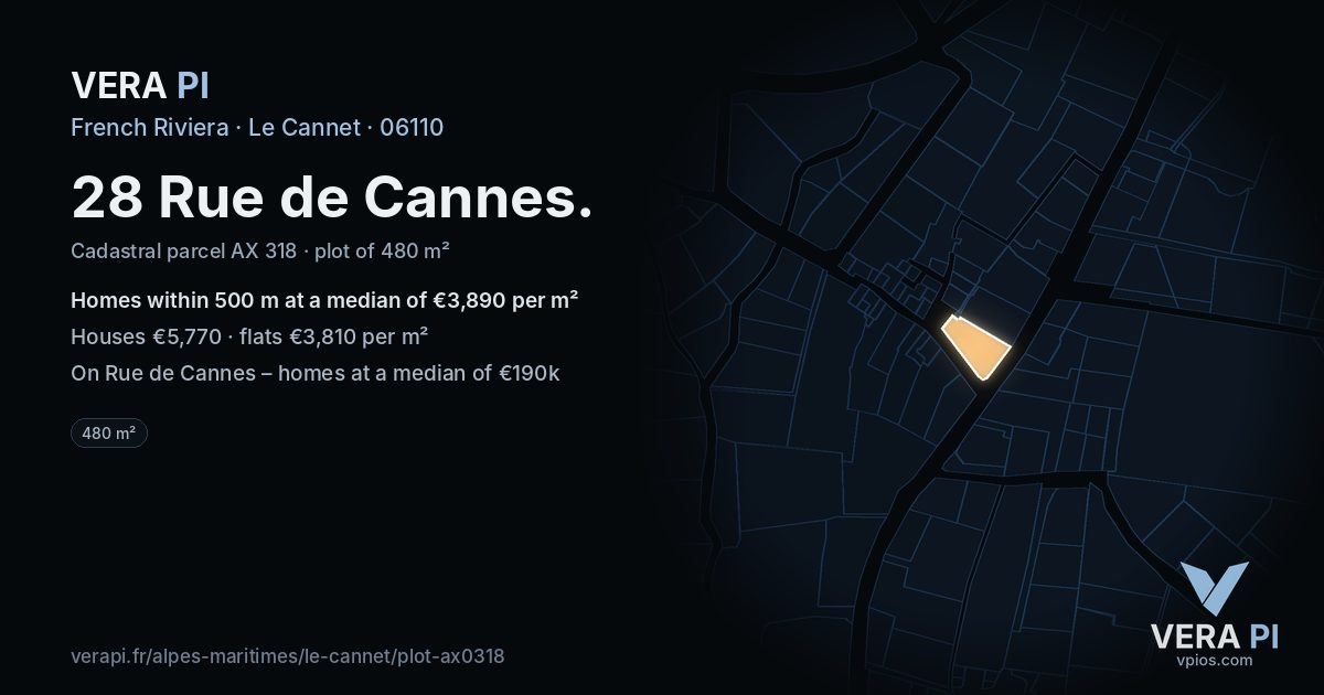 28 Rue de Cannes, Le Cannet at night – the plot lit, the parcels around coloured by the prices near them