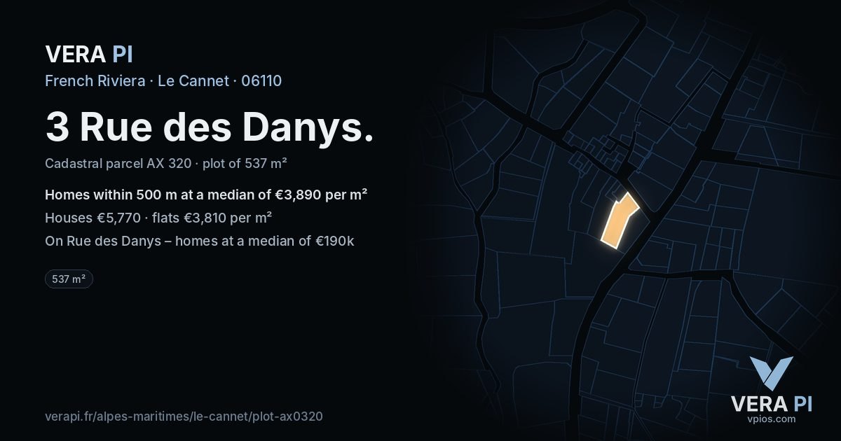 3 Rue des Danys, Le Cannet at night – the plot lit, the parcels around coloured by the prices near them