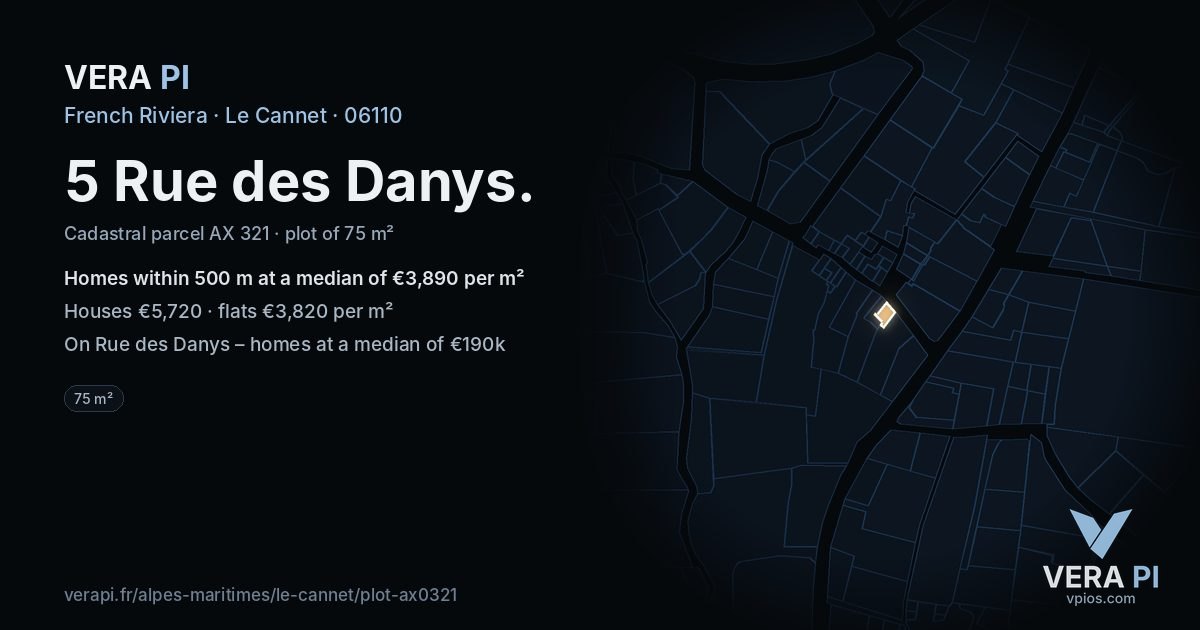 5 Rue des Danys, Le Cannet at night – the plot lit, the parcels around coloured by the prices near them
