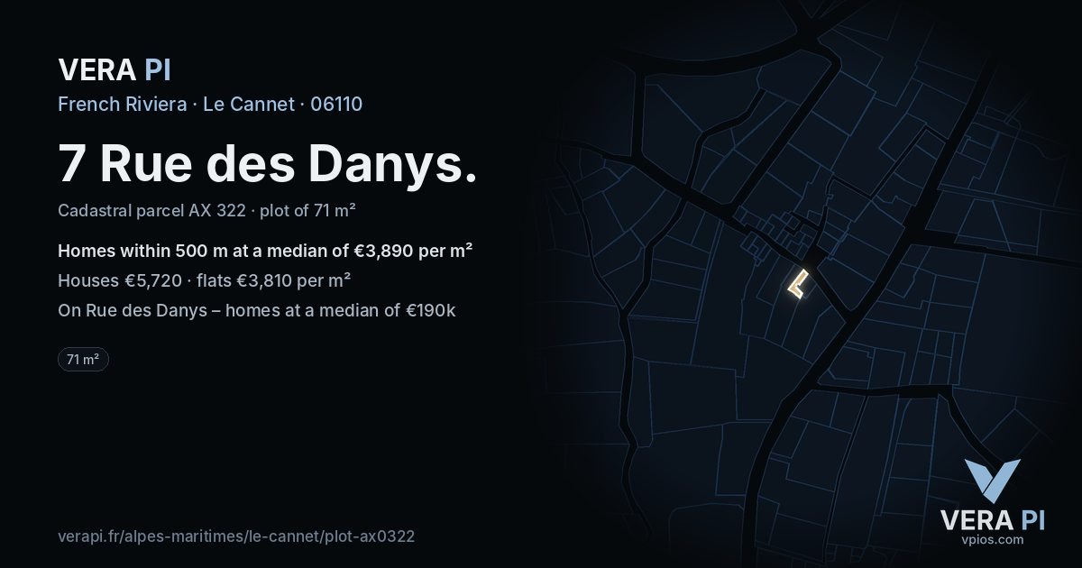 7 Rue des Danys, Le Cannet at night – the plot lit, the parcels around coloured by the prices near them