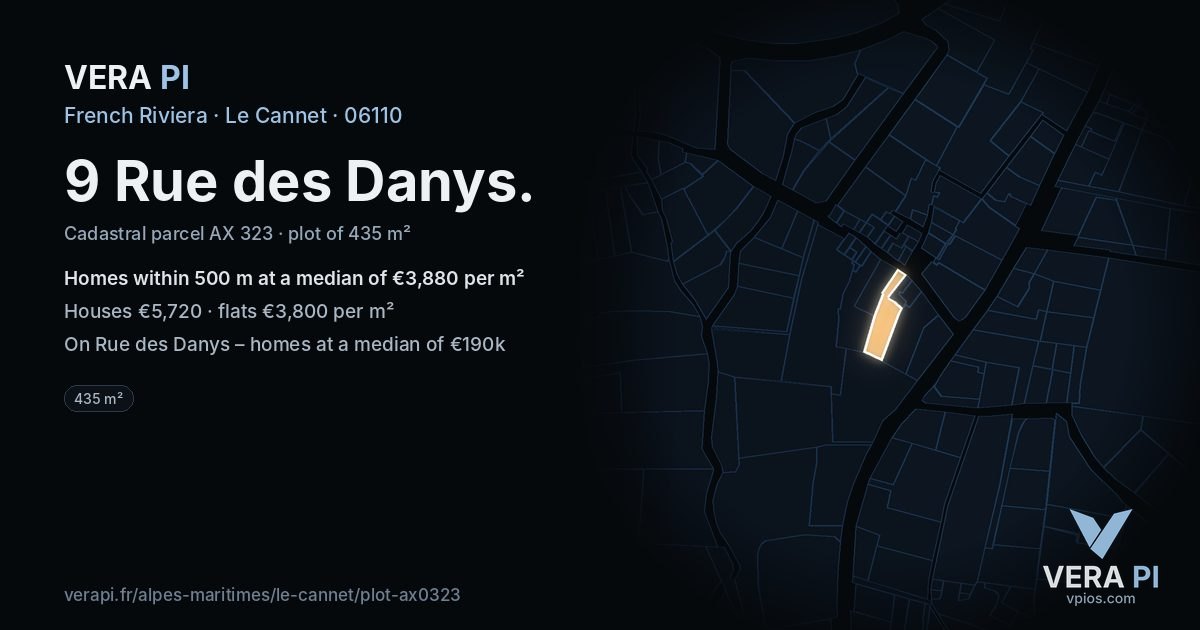 9 Rue des Danys, Le Cannet at night – the plot lit, the parcels around coloured by the prices near them