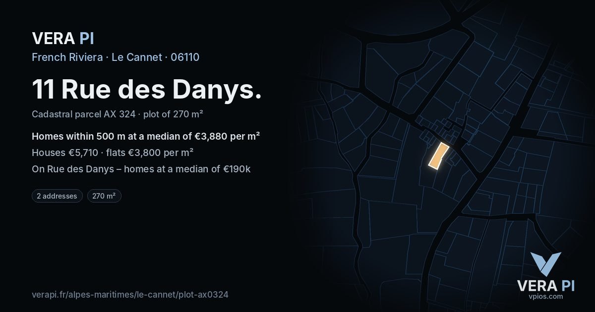11 Rue des Danys, Le Cannet at night – the plot lit, the parcels around coloured by the prices near them