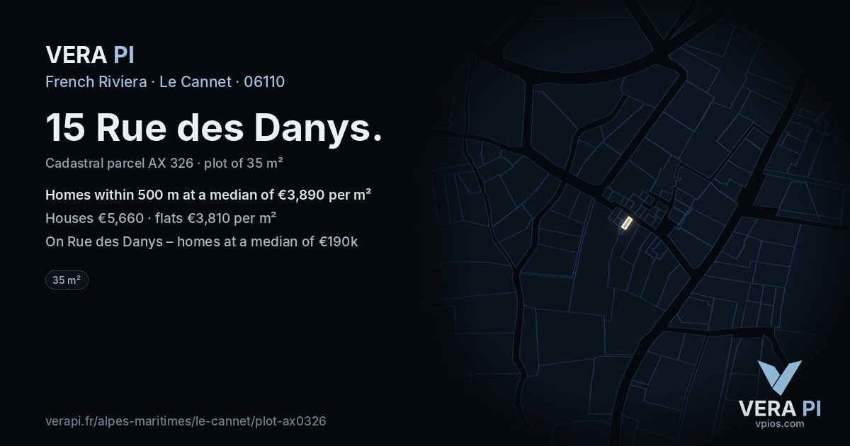 15 Rue des Danys, Le Cannet at night – the plot lit, the parcels around coloured by the prices near them