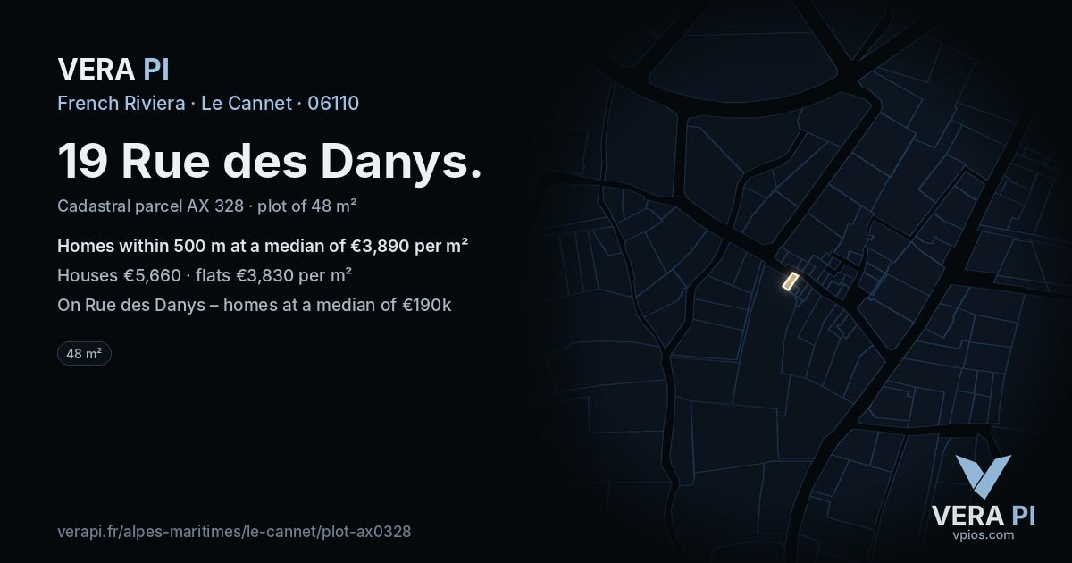19 Rue des Danys, Le Cannet at night – the plot lit, the parcels around coloured by the prices near them
