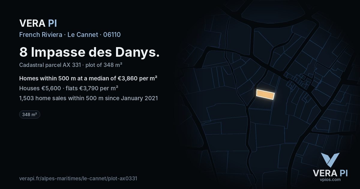 8 Impasse des Danys, Le Cannet at night – the plot lit, the parcels around coloured by the prices near them