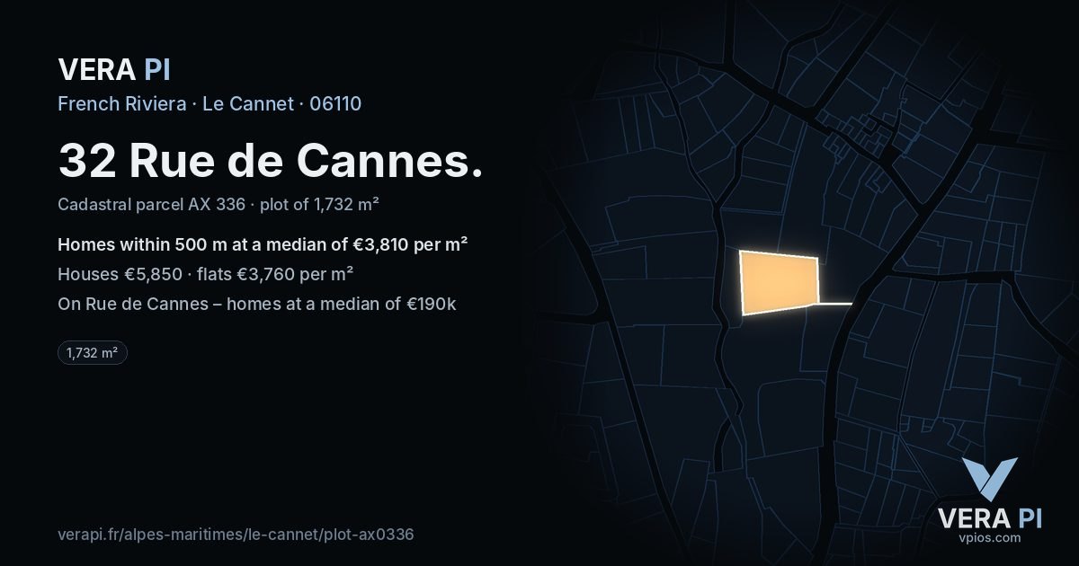 32 Rue de Cannes, Le Cannet at night – the plot lit, the parcels around coloured by the prices near them
