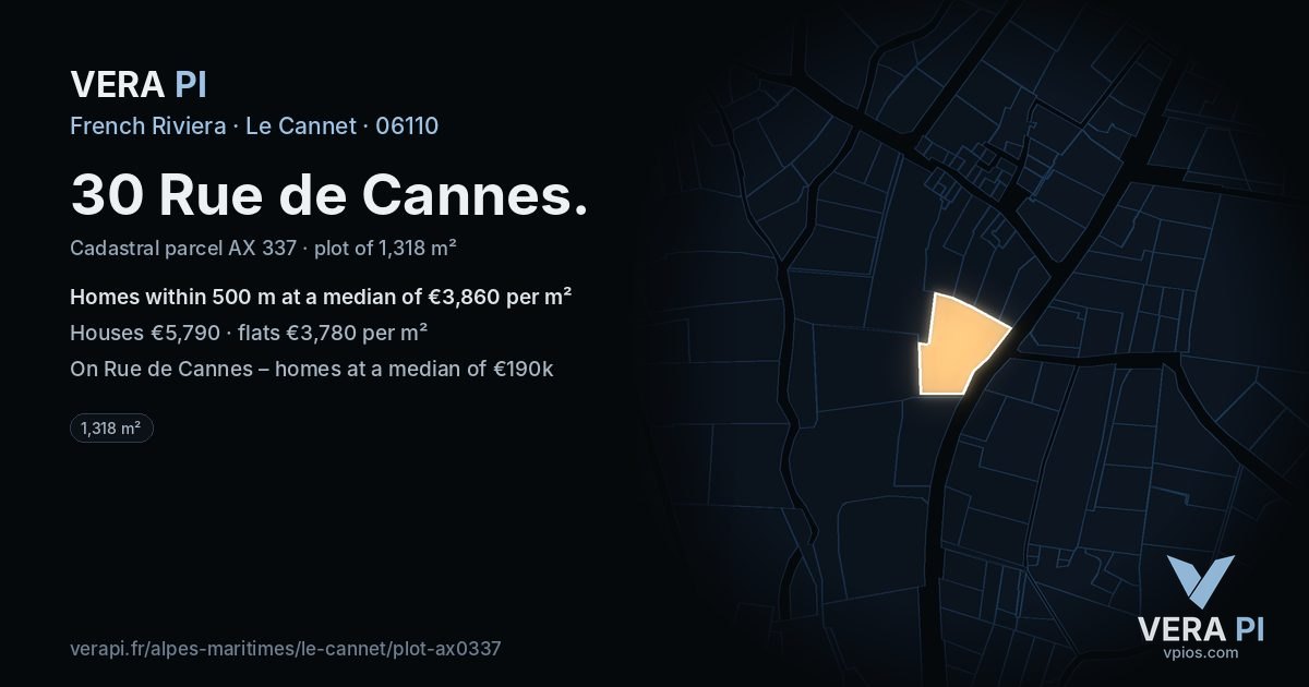 30 Rue de Cannes, Le Cannet at night – the plot lit, the parcels around coloured by the prices near them