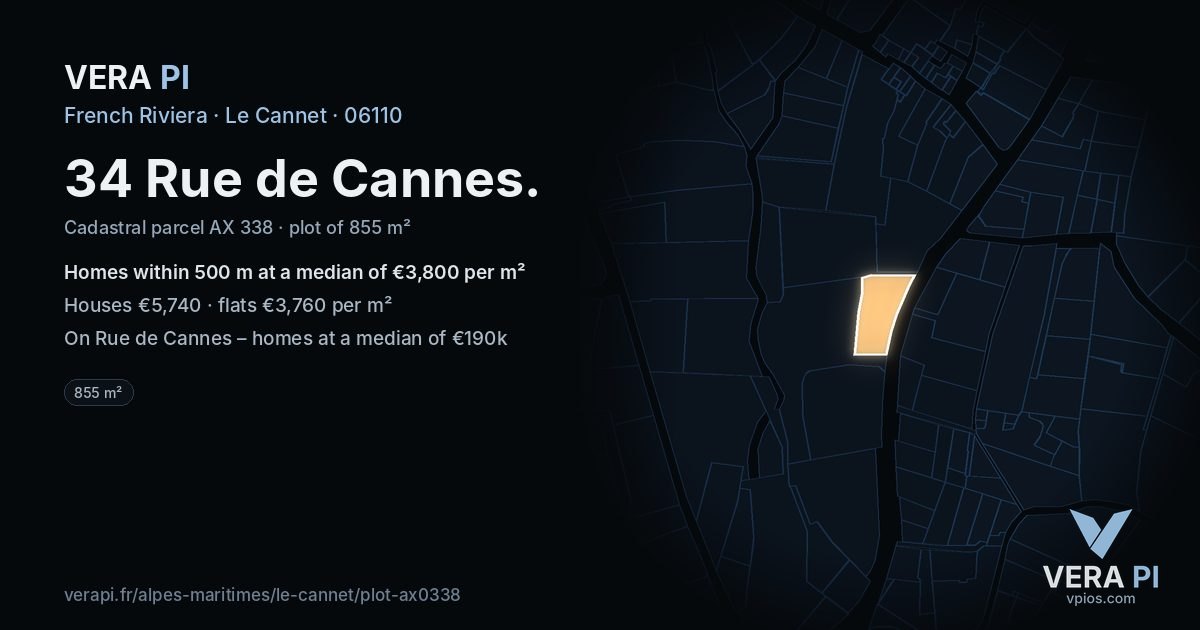 34 Rue de Cannes, Le Cannet at night – the plot lit, the parcels around coloured by the prices near them