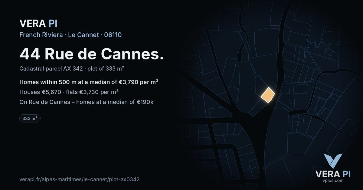 44 Rue de Cannes, Le Cannet at night – the plot lit, the parcels around coloured by the prices near them