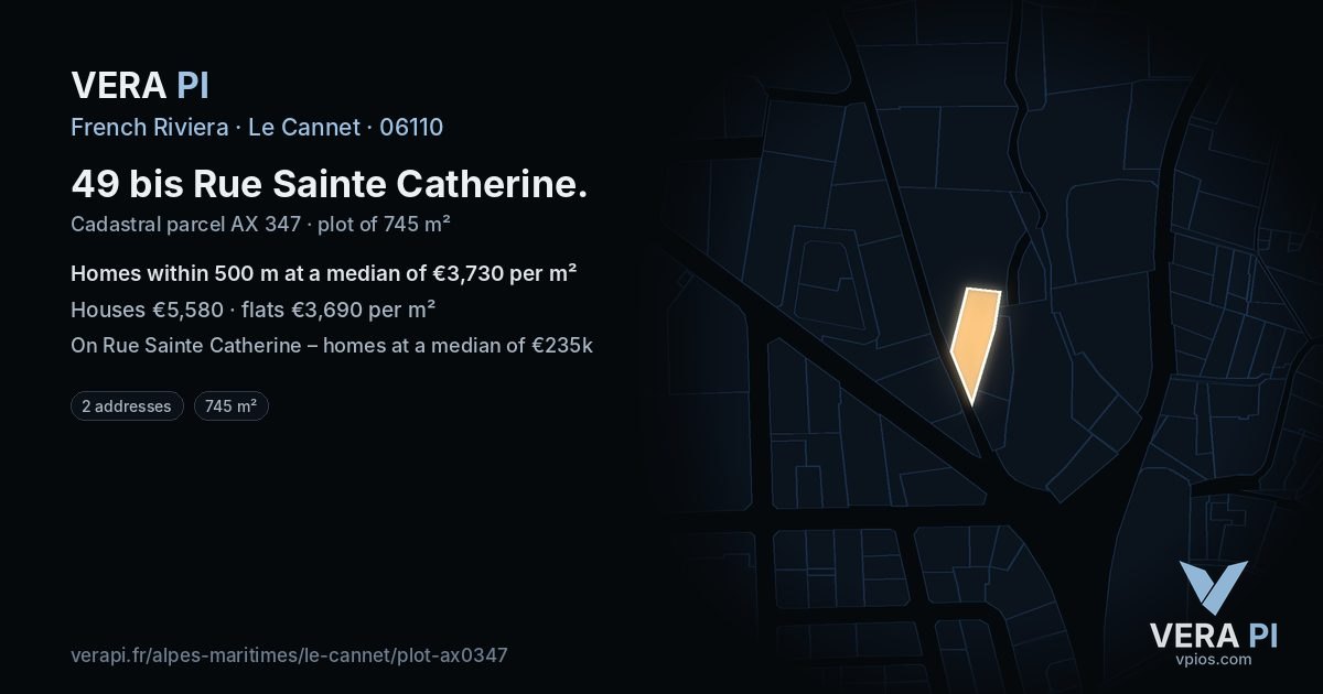 49 bis Rue Sainte Catherine, Le Cannet at night – the plot lit, the parcels around coloured by the prices near them