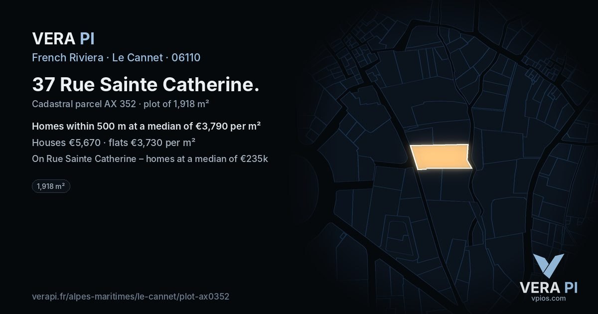 37 Rue Sainte Catherine, Le Cannet at night – the plot lit, the parcels around coloured by the prices near them