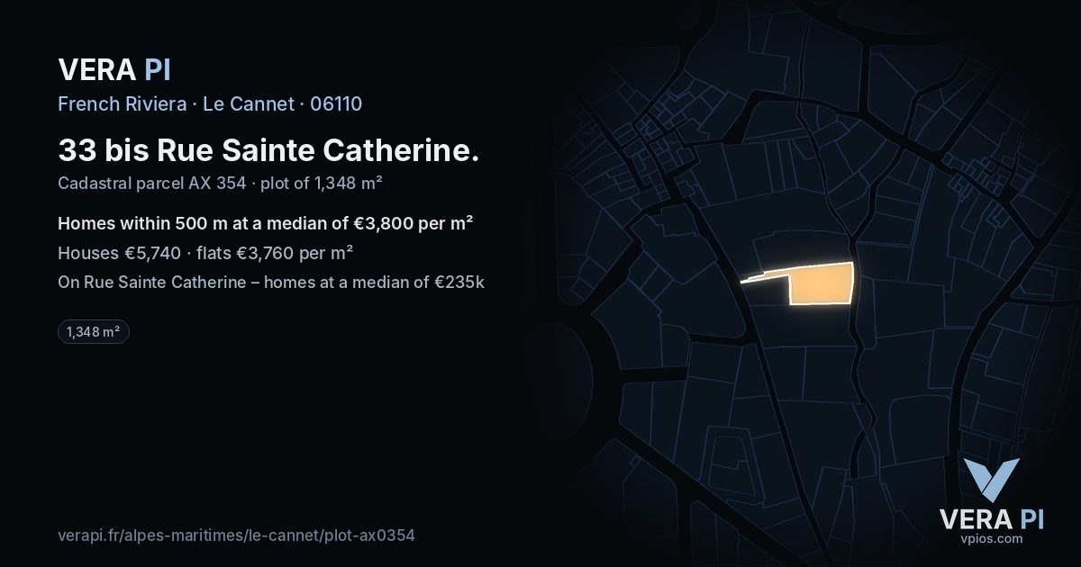 33 bis Rue Sainte Catherine, Le Cannet at night – the plot lit, the parcels around coloured by the prices near them