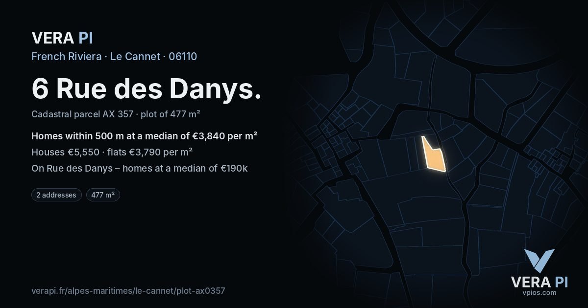 6 Rue des Danys, Le Cannet at night – the plot lit, the parcels around coloured by the prices near them