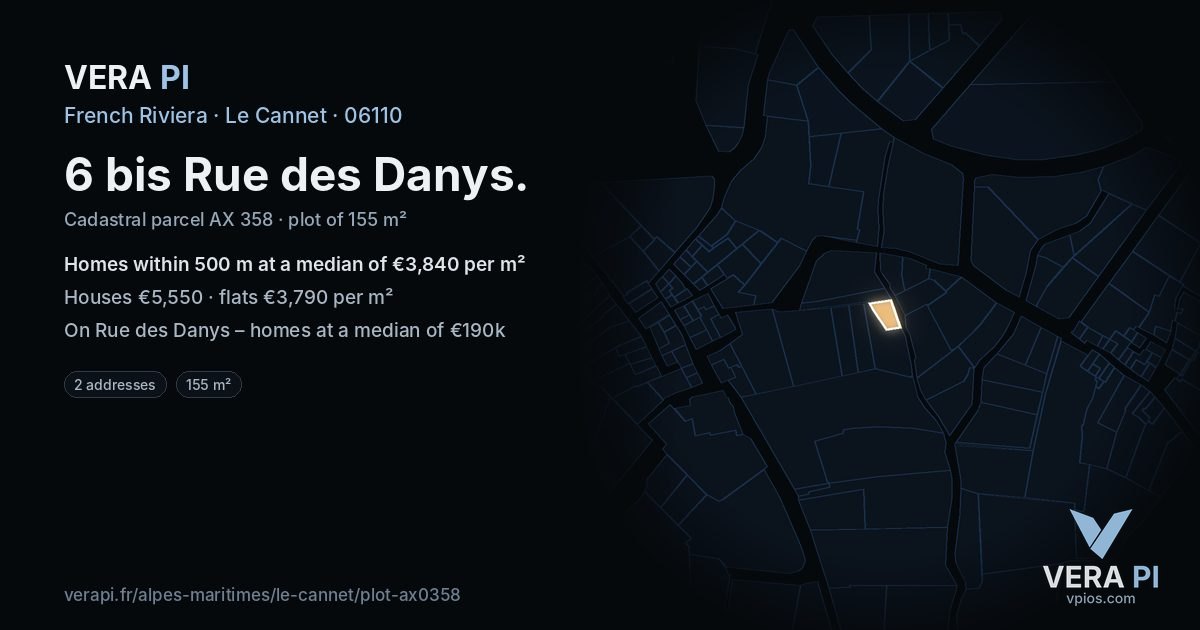 6 bis Rue des Danys, Le Cannet at night – the plot lit, the parcels around coloured by the prices near them