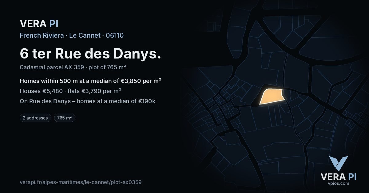 6 ter Rue des Danys, Le Cannet at night – the plot lit, the parcels around coloured by the prices near them