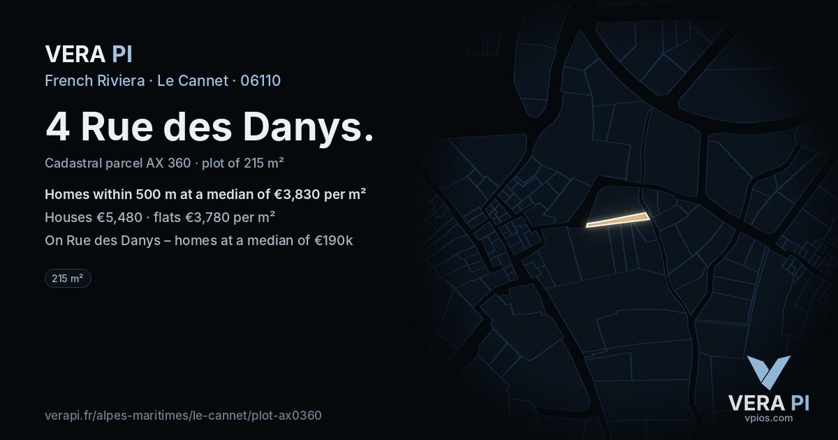4 Rue des Danys, Le Cannet at night – the plot lit, the parcels around coloured by the prices near them