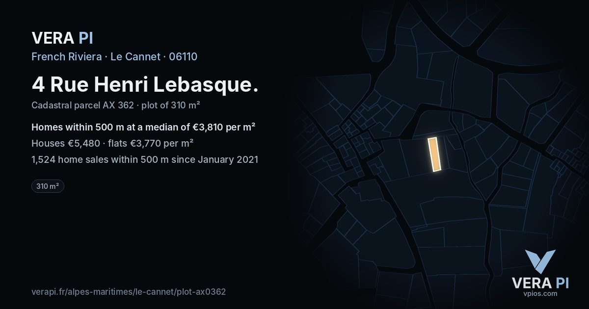 4 Rue Henri Lebasque, Le Cannet at night – the plot lit, the parcels around coloured by the prices near them