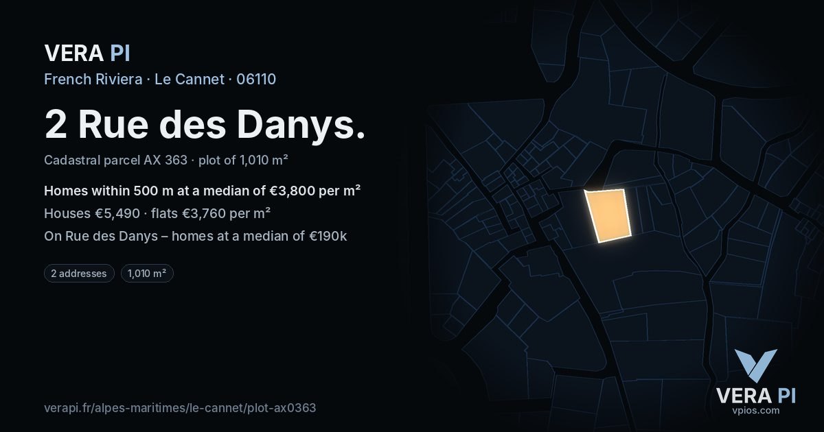 2 Rue des Danys, Le Cannet at night – the plot lit, the parcels around coloured by the prices near them