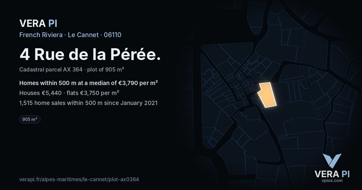 4 Rue de la Pérée, Le Cannet at night – the plot lit, the parcels around coloured by the prices near them