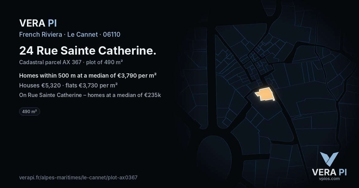 24 Rue Sainte Catherine, Le Cannet at night – the plot lit, the parcels around coloured by the prices near them
