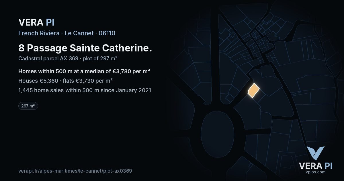 8 Passage Sainte Catherine, Le Cannet at night – the plot lit, the parcels around coloured by the prices near them