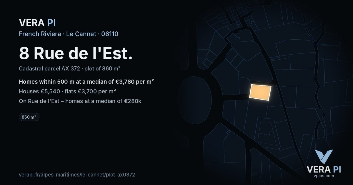8 Rue de l'Est, Le Cannet at night – the plot lit, the parcels around coloured by the prices near them