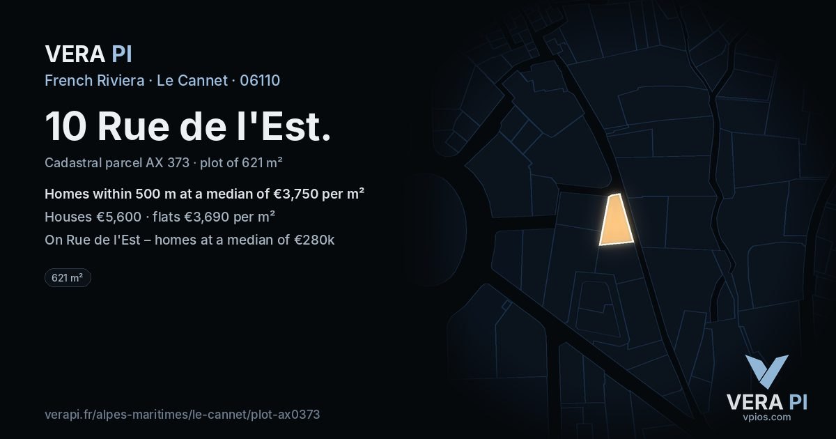 10 Rue de l'Est, Le Cannet at night – the plot lit, the parcels around coloured by the prices near them