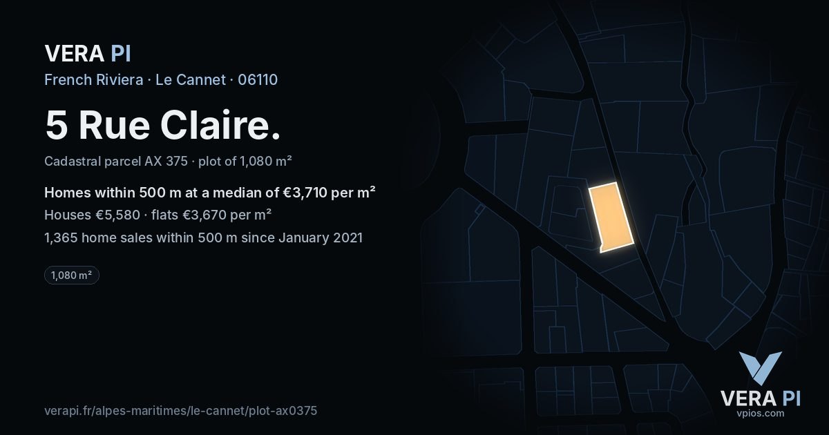 5 Rue Claire, Le Cannet at night – the plot lit, the parcels around coloured by the prices near them