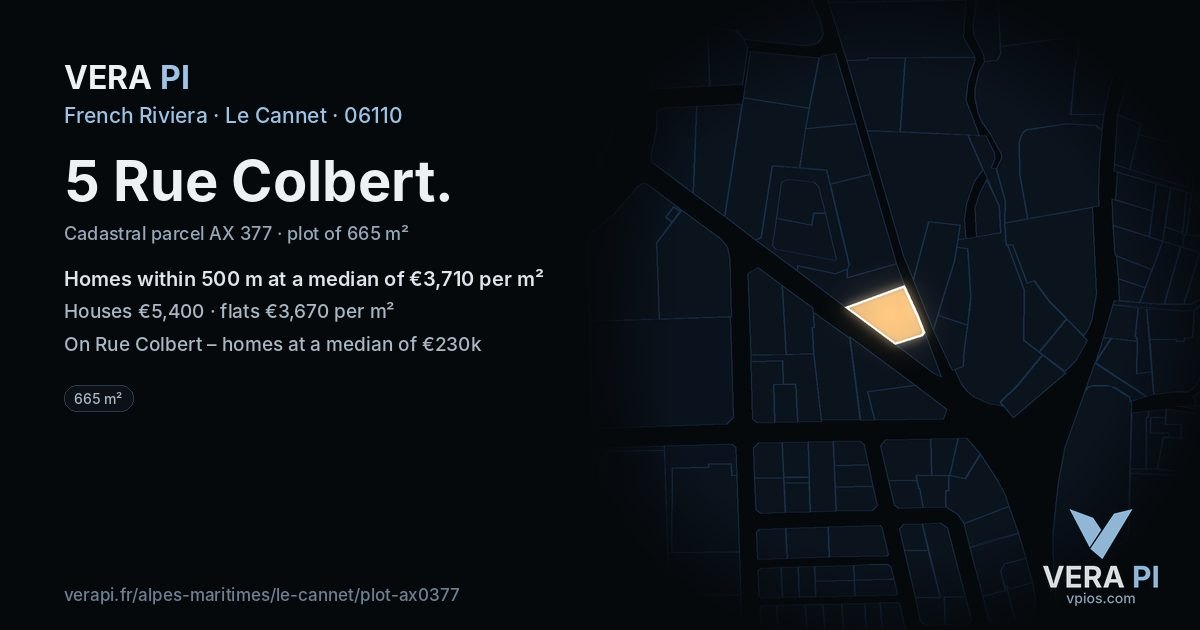 5 Rue Colbert, Le Cannet at night – the plot lit, the parcels around coloured by the prices near them