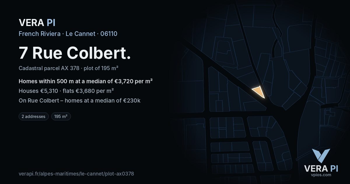 7 Rue Colbert, Le Cannet at night – the plot lit, the parcels around coloured by the prices near them