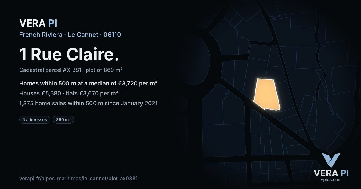 1 Rue Claire, Le Cannet at night – the plot lit, the parcels around coloured by the prices near them