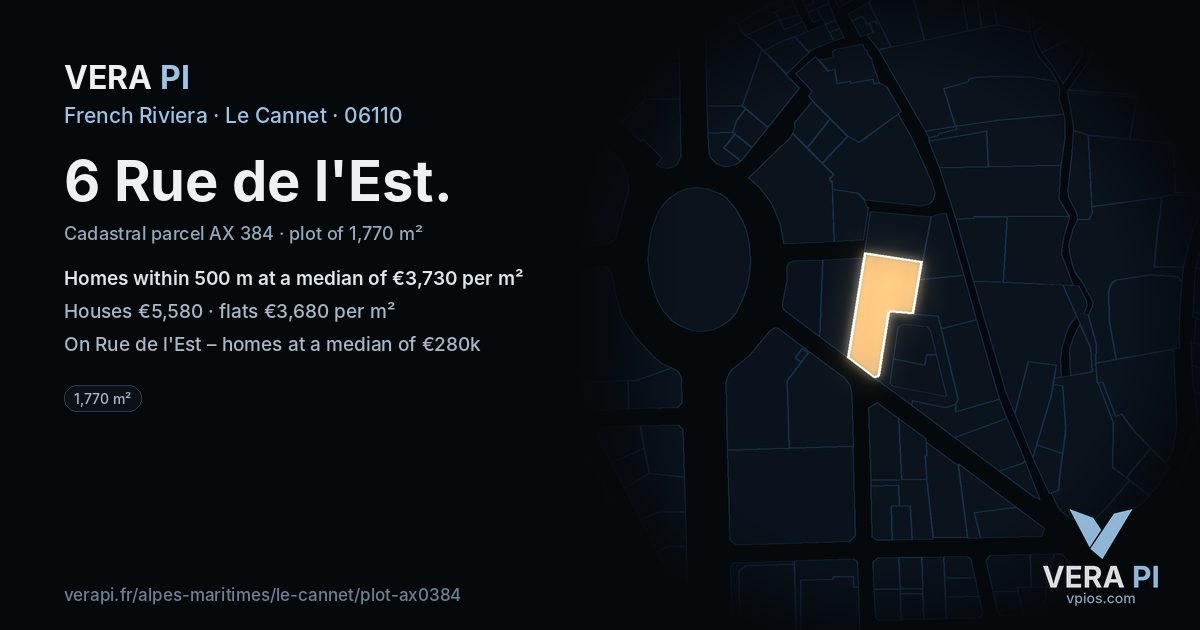 6 Rue de l'Est, Le Cannet at night – the plot lit, the parcels around coloured by the prices near them