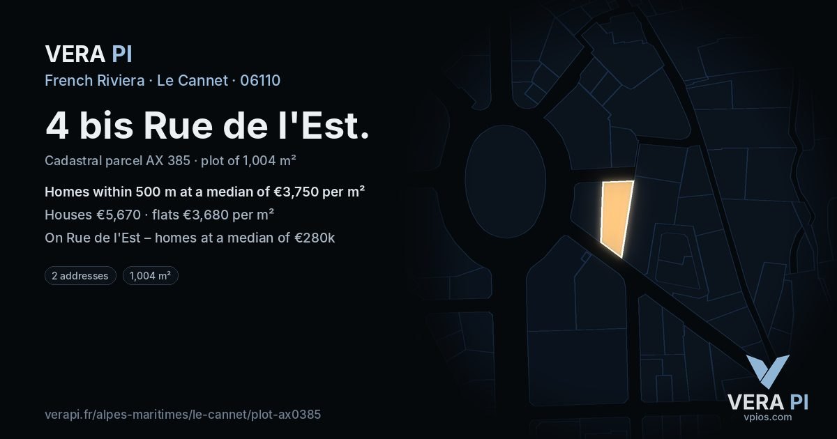 4 bis Rue de l'Est, Le Cannet at night – the plot lit, the parcels around coloured by the prices near them