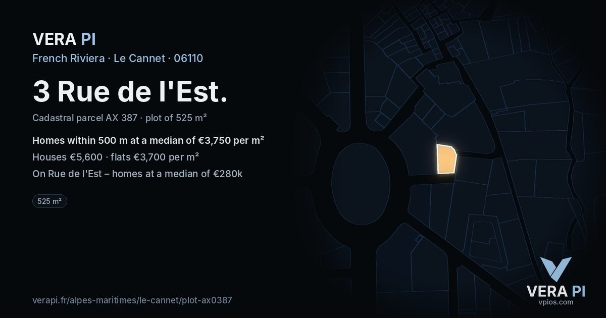3 Rue de l'Est, Le Cannet at night – the plot lit, the parcels around coloured by the prices near them