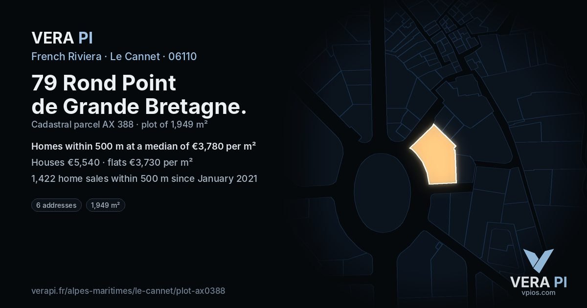 79 Rond Point de Grande Bretagne, Le Cannet at night – the plot lit, the parcels around coloured by the prices near them