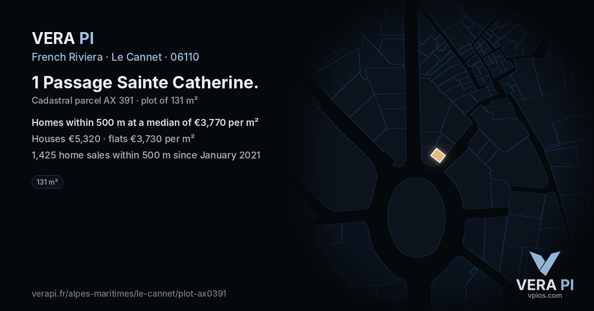 1 Passage Sainte Catherine, Le Cannet at night – the plot lit, the parcels around coloured by the prices near them