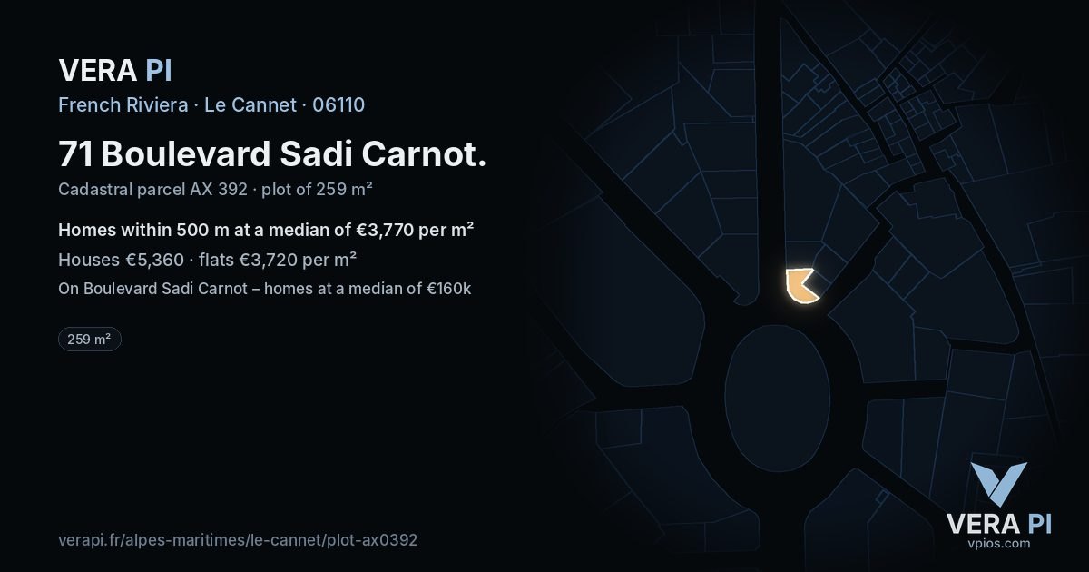 71 Boulevard Sadi Carnot, Le Cannet at night – the plot lit, the parcels around coloured by the prices near them