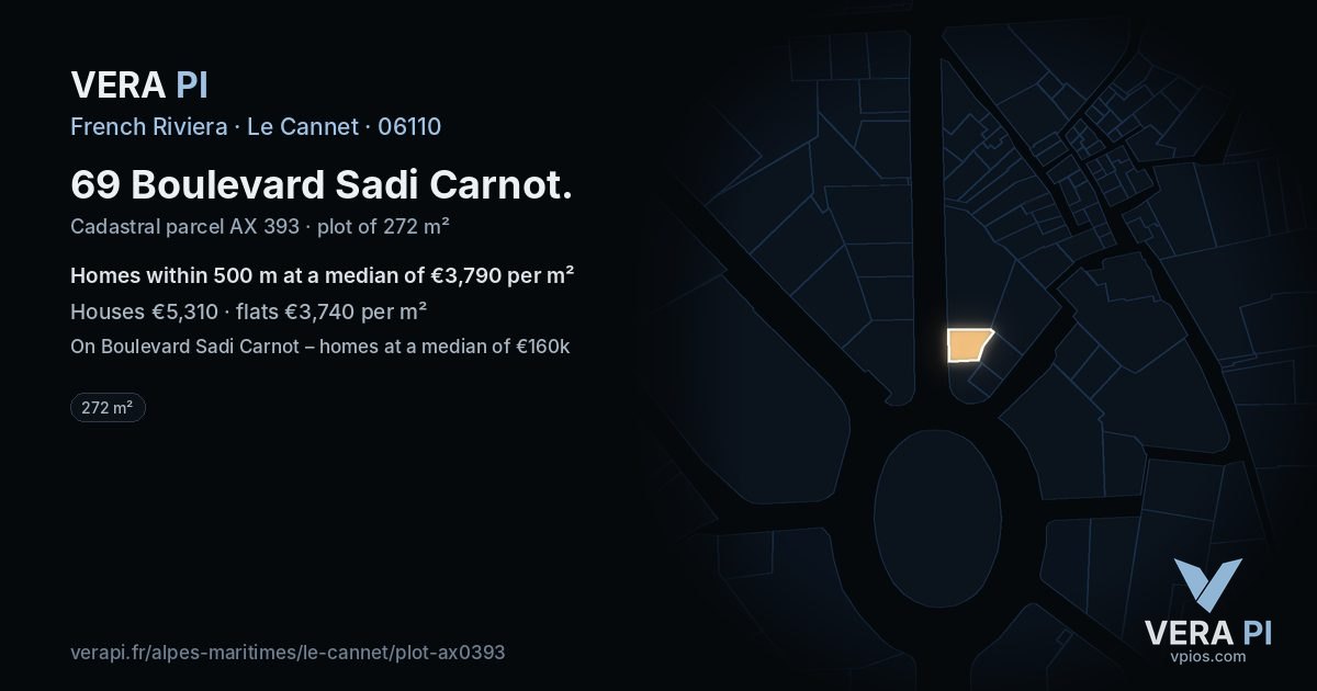 69 Boulevard Sadi Carnot, Le Cannet at night – the plot lit, the parcels around coloured by the prices near them