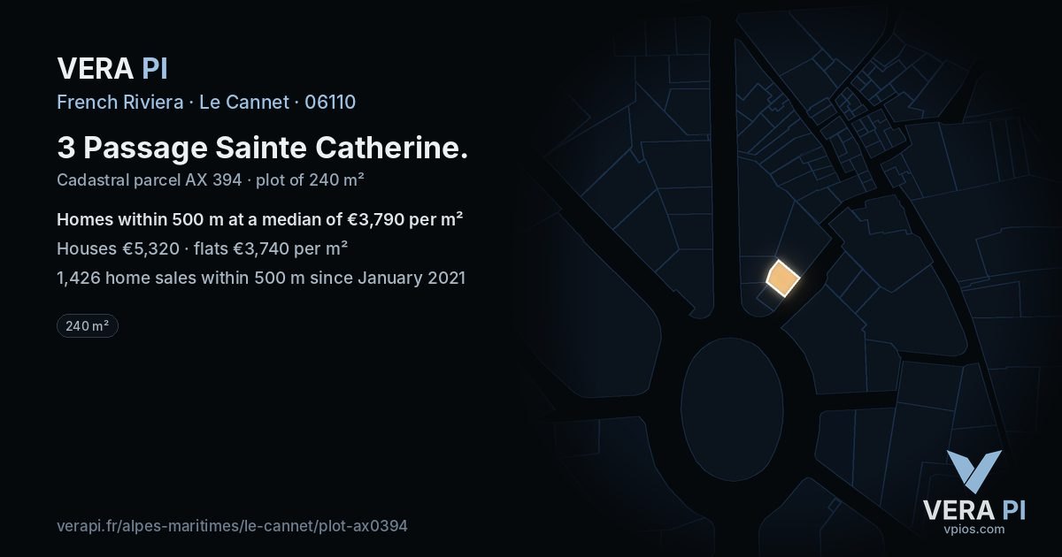 3 Passage Sainte Catherine, Le Cannet at night – the plot lit, the parcels around coloured by the prices near them