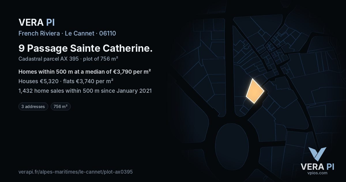 9 Passage Sainte Catherine, Le Cannet at night – the plot lit, the parcels around coloured by the prices near them