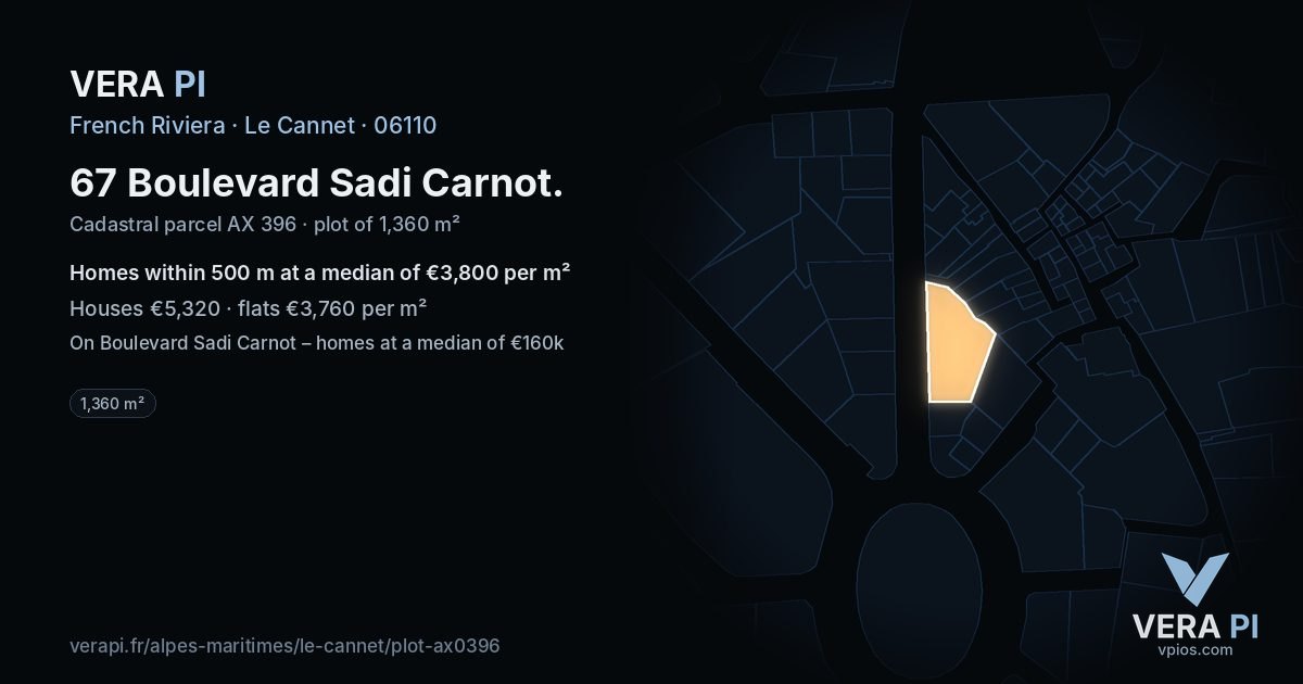 67 Boulevard Sadi Carnot, Le Cannet at night – the plot lit, the parcels around coloured by the prices near them