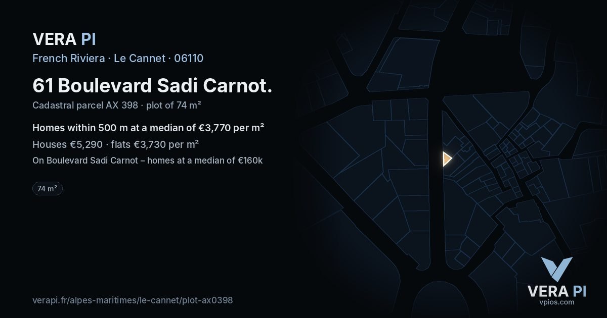61 Boulevard Sadi Carnot, Le Cannet at night – the plot lit, the parcels around coloured by the prices near them