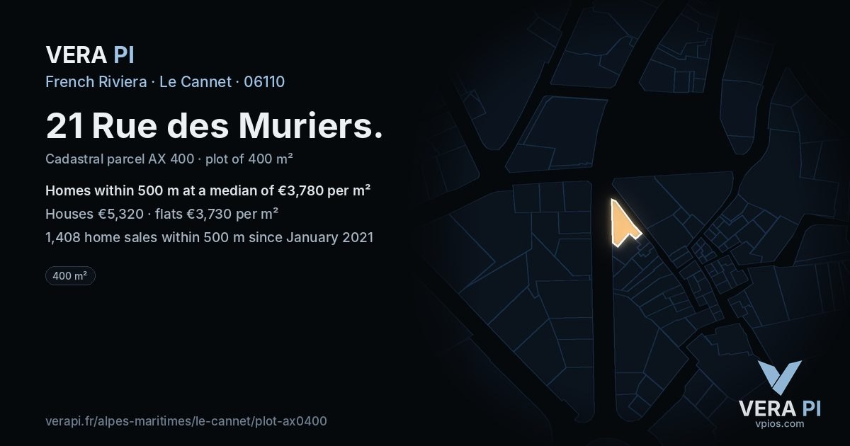 21 Rue des Muriers, Le Cannet at night – the plot lit, the parcels around coloured by the prices near them