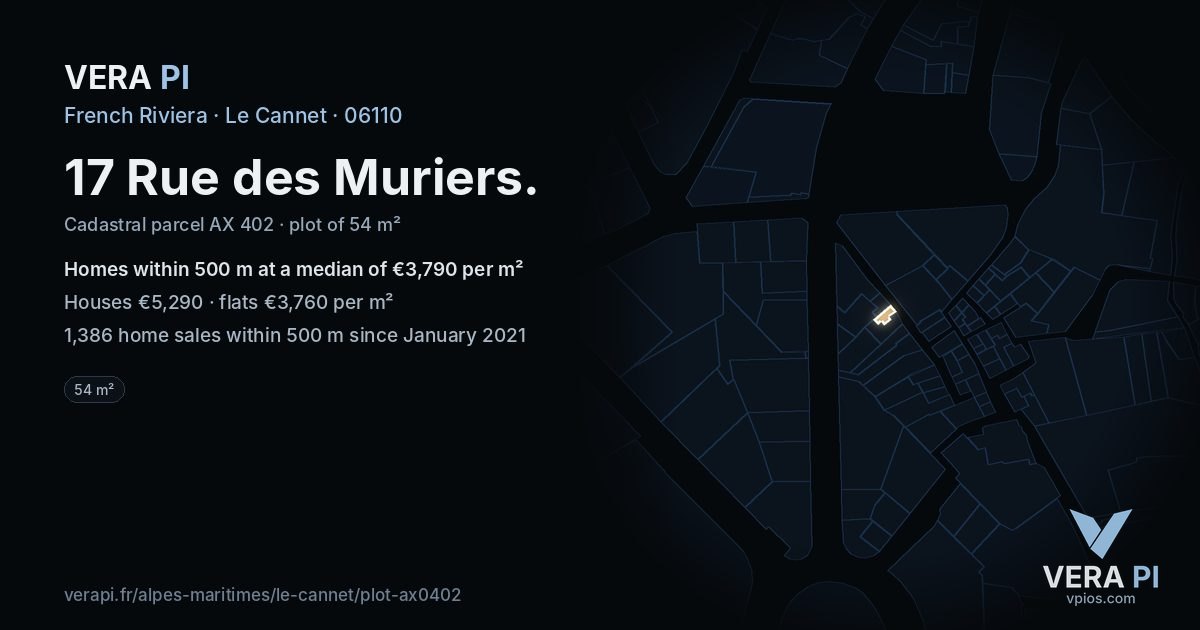 17 Rue des Muriers, Le Cannet at night – the plot lit, the parcels around coloured by the prices near them