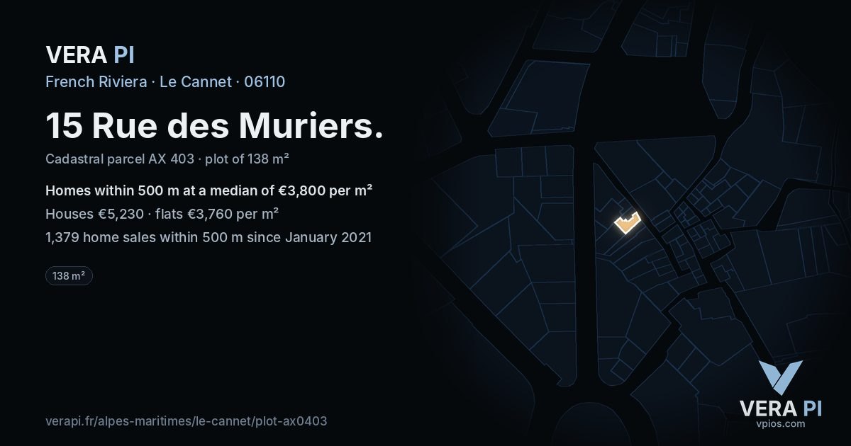 15 Rue des Muriers, Le Cannet at night – the plot lit, the parcels around coloured by the prices near them