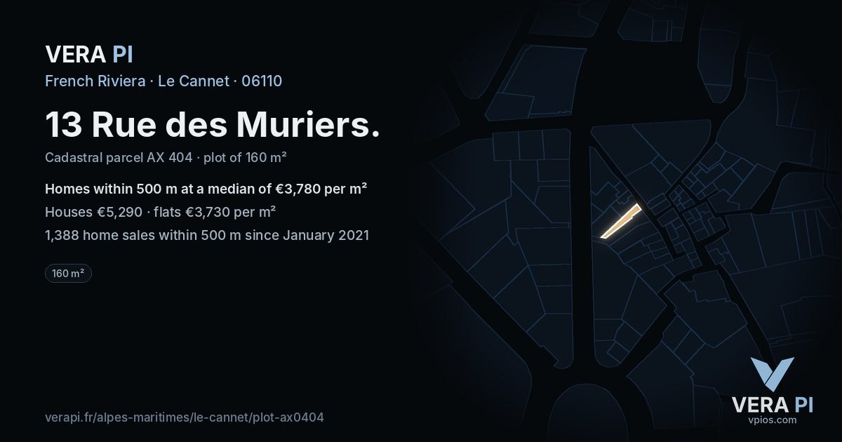 13 Rue des Muriers, Le Cannet at night – the plot lit, the parcels around coloured by the prices near them