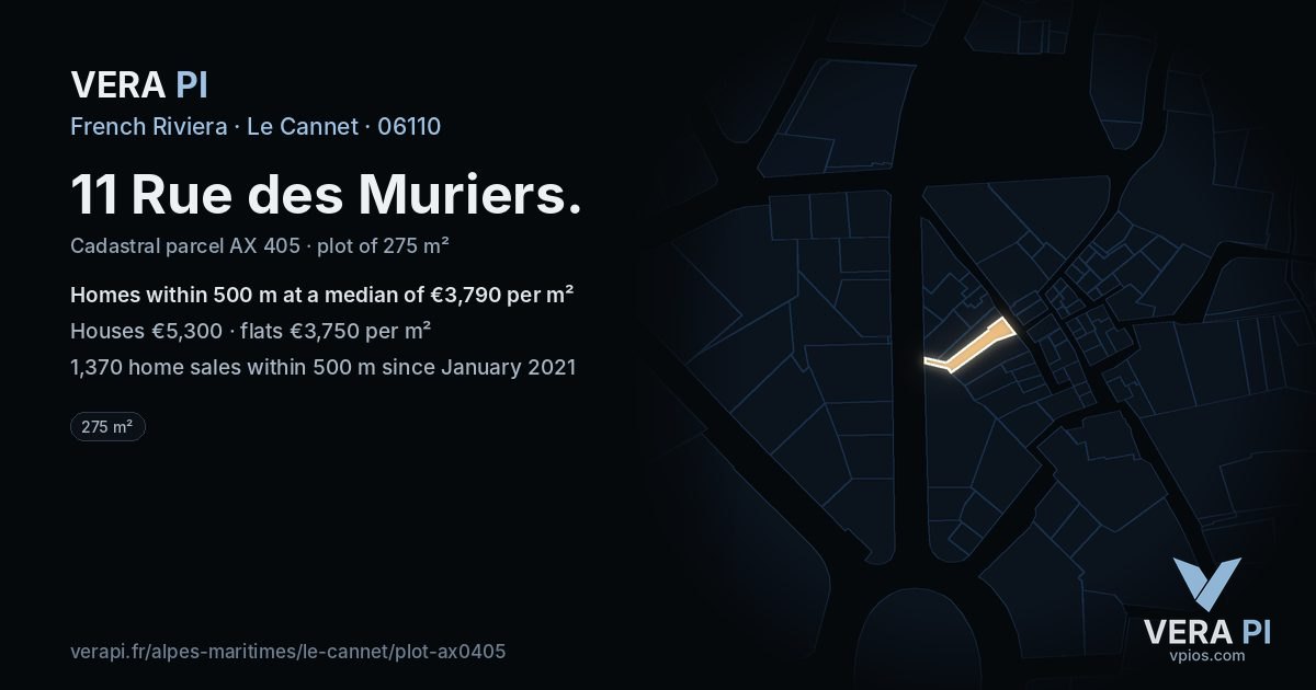 11 Rue des Muriers, Le Cannet at night – the plot lit, the parcels around coloured by the prices near them
