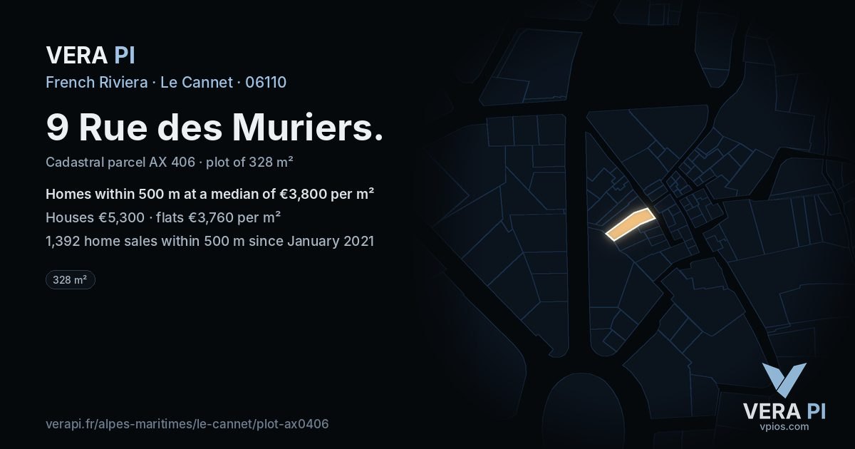 9 Rue des Muriers, Le Cannet at night – the plot lit, the parcels around coloured by the prices near them