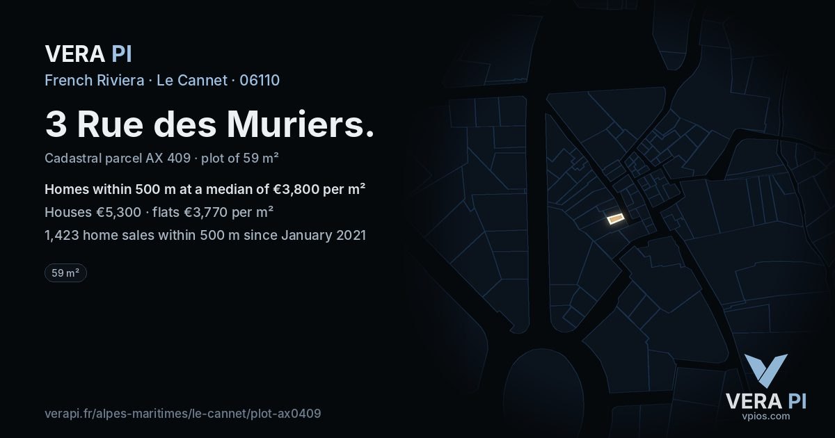 3 Rue des Muriers, Le Cannet at night – the plot lit, the parcels around coloured by the prices near them