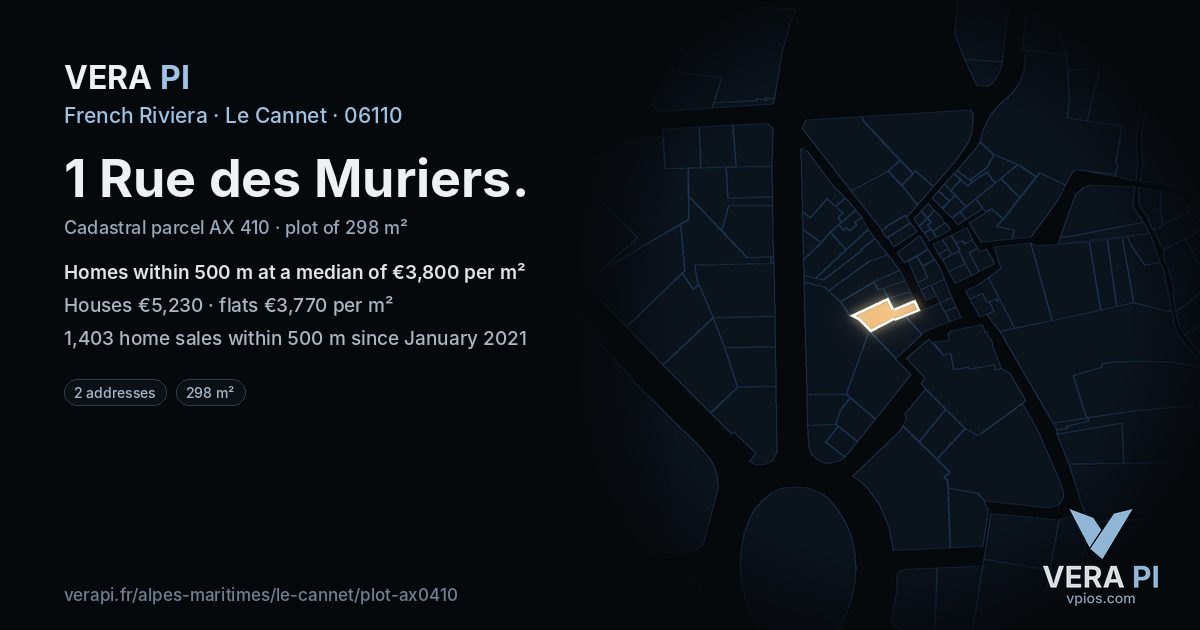 1 Rue des Muriers, Le Cannet at night – the plot lit, the parcels around coloured by the prices near them
